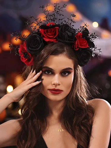 Miniatura 3 de Woeoe Diadema de Halloween FLower con diseño de araña, Día de los Muertos, diseño floral, para disfraz de murciélago y fiesta para mujeres y niñas
