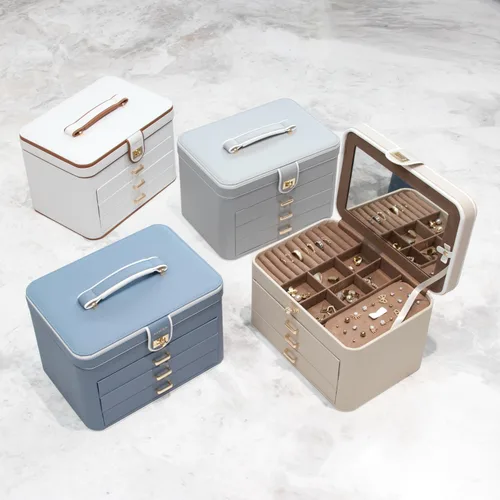 Miniatura 6 de KAMIER Caja organizadora de joyas, organizador de joyas de 4 capas con espejo, 3 cajones, caja de joyería grande para pulseras, aretes, anillos