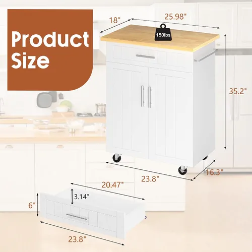 Miniatura 2 de SUNLEI Isla de cocina con ruedas con gabinete de almacenamiento y cajón, mesa de cocina rodante de 26 pulgadas de ancho, mango de carrito