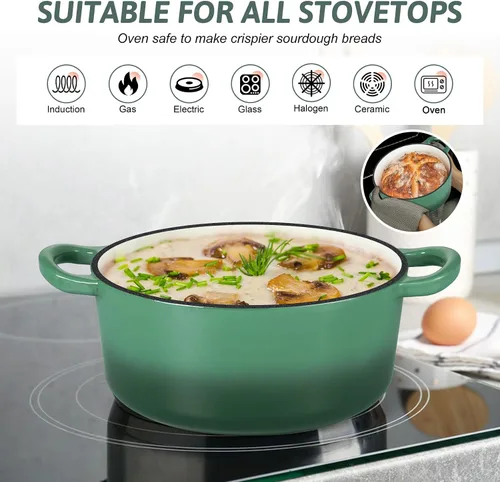 Miniatura 4 de TeamFar Horno holandés de hierro fundido esmaltado, olla pequeña de 3 cuartos de galón con tapa, olla de hierro fundido resistente para hornear pan