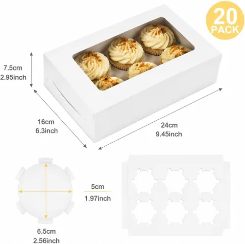 Miniatura 2 de Pralb Paquete de 20 cajas blancas para cupcakes con insertos, 6 soportes, cajas blancas estándar de panadería con ventana de PVC, recipientes