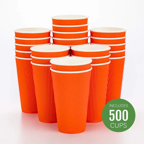 Miniatura 2 de Restaurantware Tazas de café desechables de pared ondulada de 16 onzas, 500 vasos de papel naranja aislados, diseño de borde enrollado, las tapas se