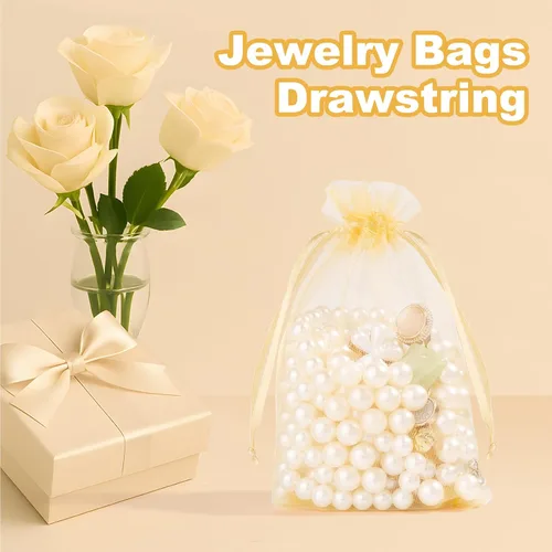 Miniatura 4 de Crweety 50 Piezas Bolsas de Organza Doradas de 3 x 4 Pulgadas, Pequeñas Bolsas de Regalo de Malla con Cordón para Favores de Boda, Despedida