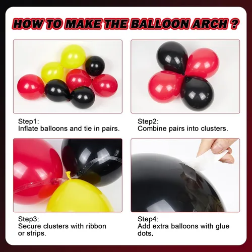 Miniatura 3 de Kit de arco de globos de auto de carreras de 132 piezas, decoraciones de fiesta con globos rojos, negros y amarillos, globos de rueda a cuadros