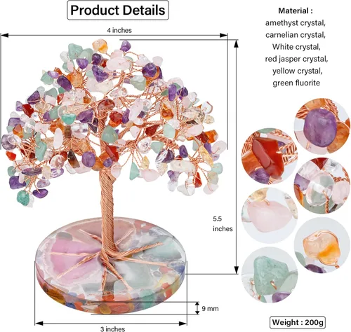 Miniatura 4 de ZenBless Árbol de Piedras de Cristales Curativos de 7 Chakras, Hoja de Piedra de Cristal Colorida Envuelta con Alambre sobre Base de Rodaja de Ágata