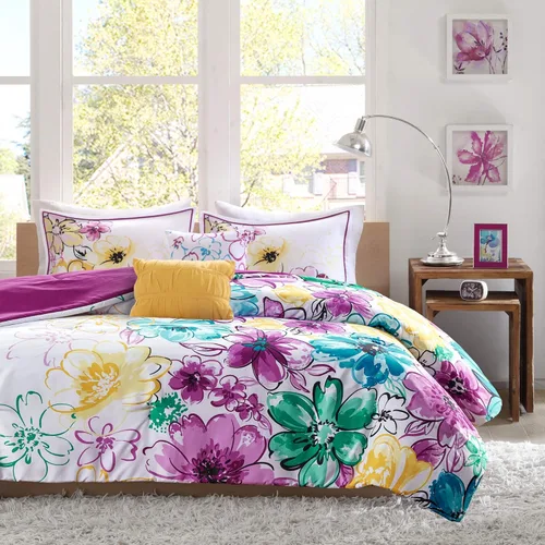 Juego de edredón de Intelligent Design con diseño floral vibrante, ropa de cama para niñas, juego de funda de almohada combinada, almohada Floral