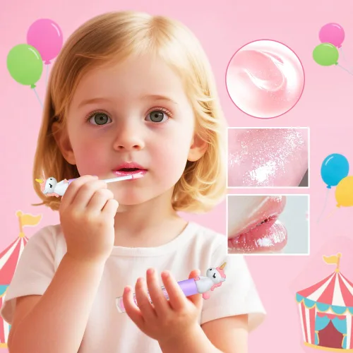 Miniatura 4 de M&U MAKE YOU UP 4 unidades de brillo de labios de unicornio para niñas, juego de labios brillantes para recuerdos de fiesta con decoración mágica