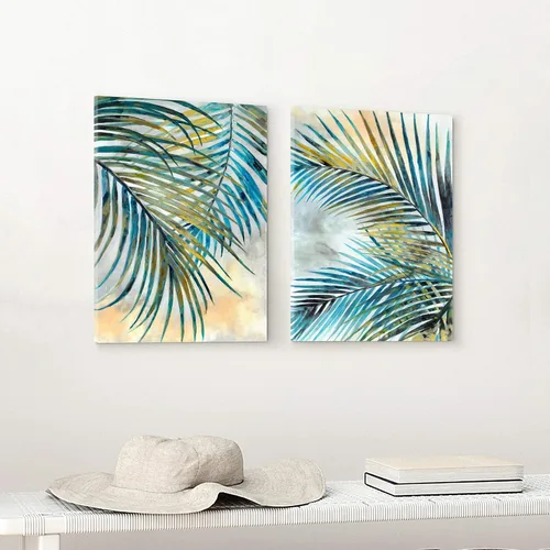 Miniatura 4 de SunFlax Lienzo de hojas de palmera: imagen de palmera tropical, arte botánico de naturaleza, verde azulado, impresión abstracta de plantas, pintura