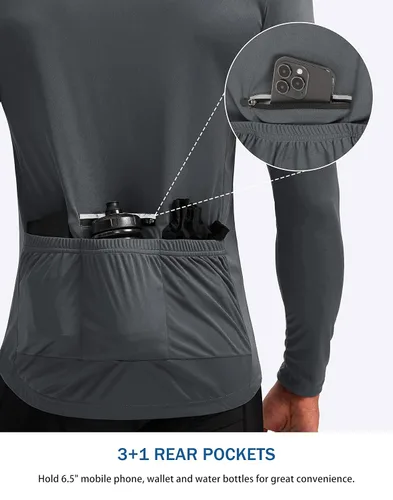 Miniatura 3 de Bikewa - Camiseta de ciclismo para hombre de manga larga con cremallera trasera 3+1, transpirable, UPF 50+, con media cremallera, para montar