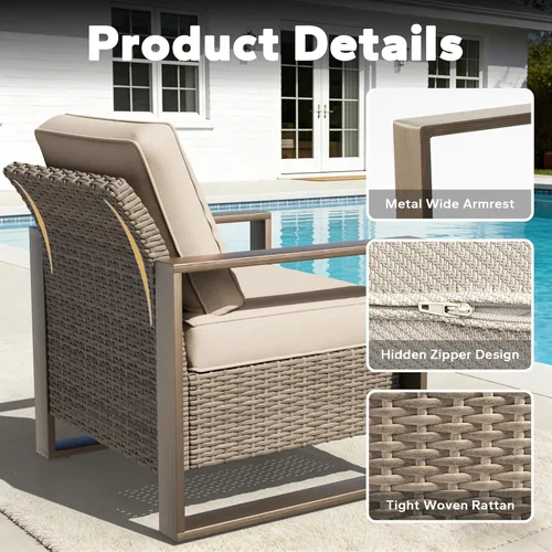 Miniatura 3 de Sofá de Mimbre Metálico para Patio de 75", Sofá Sillón de Ratán para Exteriores de 3 Asientos para Todo Tipo de Clima con Cojines Premium y Beige