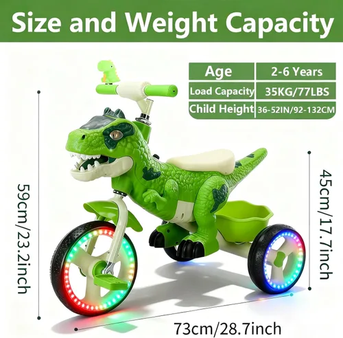 Miniatura 5 de NMM Triciclo de Dinosaurio para Niños Pequeños, Triciclo para Niños con Música, LED, Triciclos para Niños de 3-5 Años, para Ciclista, Rueda Grande