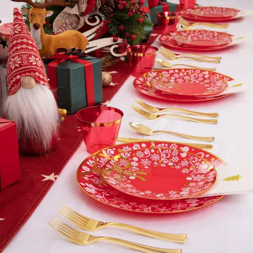 Miniatura 6 de Hioasis Juego de 175 piezas de plástico para lugares, temática navideña, guirnalda roja y blanca, incluye 25 platos de cena y postre, utensilios