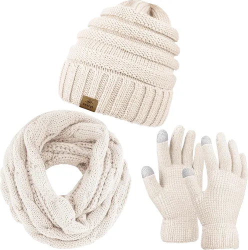 URATOT Conjunto cálido de punto de invierno, bufanda infinita y gorro, guantes para pantalla táctil, regalos de invierno para hombres y mujeres