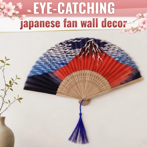 Miniatura 8 de Abanico japonés de seda, ventilador plegable de mano de bambú para mujer, paisaje de montaña japonés, abanicos vintage de 14.5 x 8.2 pulgadas