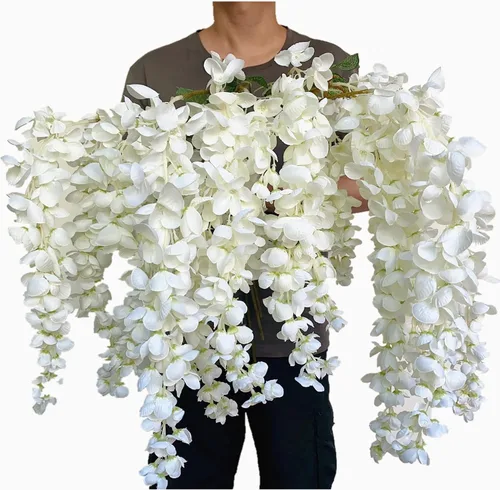 Miniatura 3 de Paquete de 4 flores colgantes de glicina artificial, ramas de vides florales falsas, guirnalda de glicina de seda, ramo de flores ricas