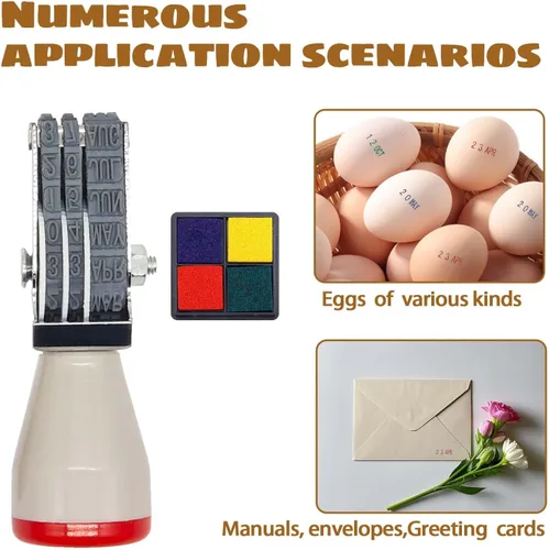 Miniatura 6 de Sellos de fecha de huevo para huevos frescos, con una almohadilla de tinta de cuatro colores, kit de fechador de huevos, sellos de rodillos
