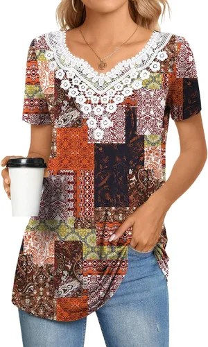Miniatura 2 de CATHY Blusa de verano para mujer, manga corta, cuello en V, encaje de ganchillo, casual, plisada