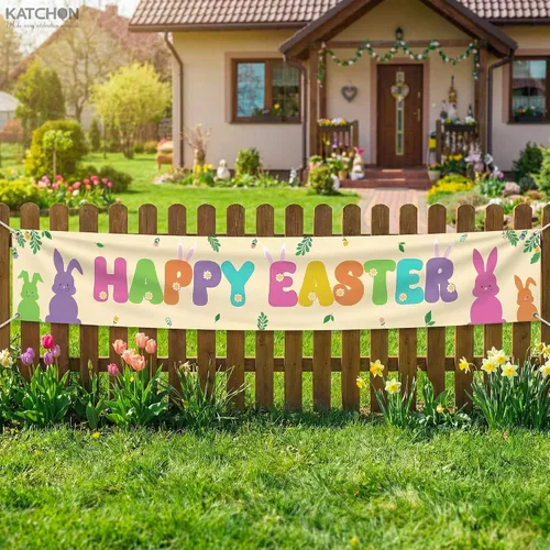 Miniatura 6 de KatchOn, Cartel de feliz Pascua para exteriores – Extra grande de 120 x 20 pulgadas Decoraciones de Pascua al aire libre para el hogar