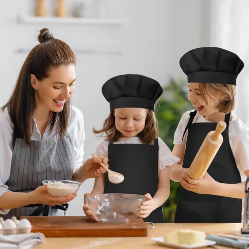 Miniatura 6 de Conjunto de Delantal y Gorro de Chef para Niños, Delantal Infantil Ajustable con 2 Bolsillos, para Niños Chef y Pintura, Cocinar, Hornear