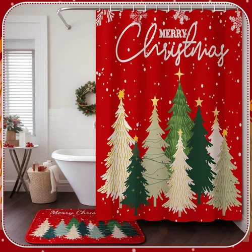 Miniatura 4 de Fanfanwin Juego de 4 piezas de baño de Feliz Navidad con cortina de ducha de árbol de Navidad de 71 x 71 pulgadas, alfombras antideslizantes