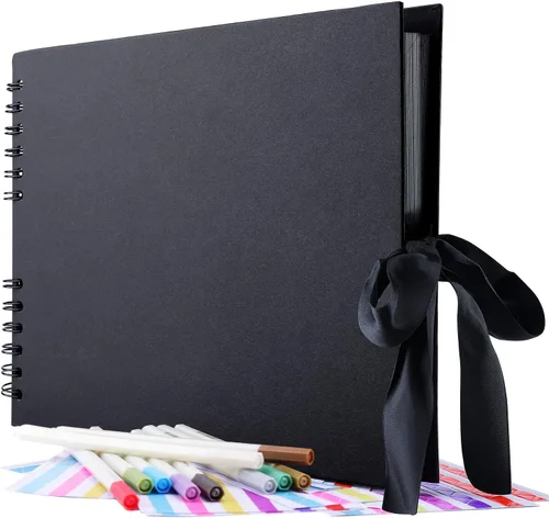 GOTIDEAL Álbum de recortes de 80 páginas con 10 marcadores metálicos, álbum de fotos de papel artesanal para boda y aniversario, accesorios Negro