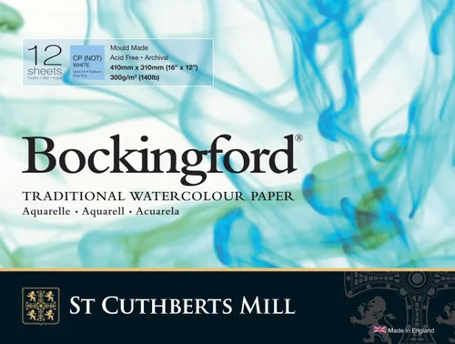 St. Cuthberts Mill Bockingford - Bloc de papel de acuarela de 16 x 12 pulgadas para artistas, 12 hojas de papel de acuarela de prensa fría de 140