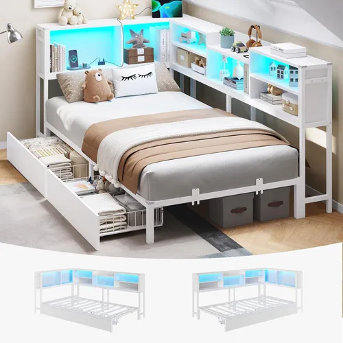 Miniatura 12 de DICTAC Marco de cama esquinero tamaño individual con almacenamiento y luces LED, plataforma de metal con 2 cajones y estación de carga, cama