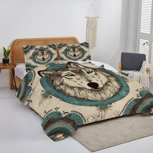 Miniatura 4 de Edredón de lobo personalizado, diseño nativo de ojos azules, tamaño matrimonial, juego de edredón de tamaño King, decoración para habitación
