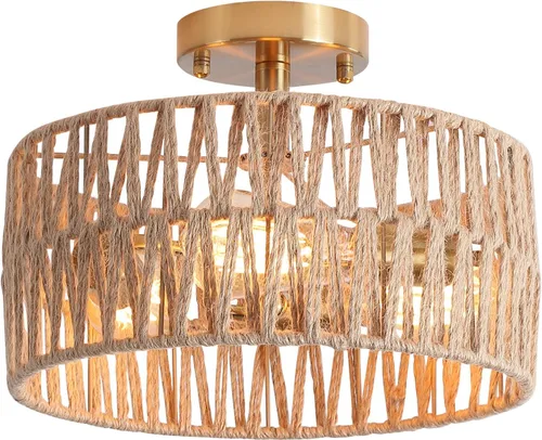 Miniatura 9 de Accesorio de Lámpara de Techo Empotrada Tejida en Oro Antiguo Costero, Luz de Techo Semi Empotrada Rústica Boho de Cuerda de Cáñamo Latón