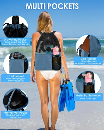 Miniatura 3 de BROTOU Mochila de playa para natación con bolsillo húmedo de malla y cordón, bolsas para nadar, gimnasio Azul marino