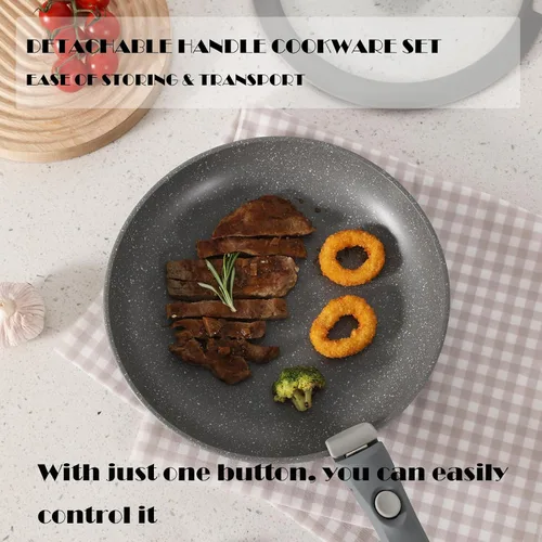 Miniatura 3 de Vkoocy Juego de ollas y sartenes antiadherentes grises con mango extraíble, juego de utensilios de cocina de cerámica con mango desmontable, 5
