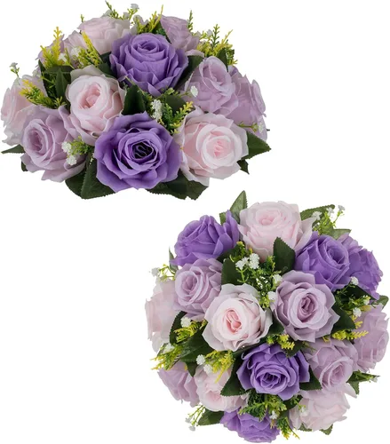 Miniatura 20 de BLOSMON Bolas de flores, centros de mesa de rosas de boda: 2 piezas de flores falsas carmesí decoración de bolas de besos Arreglos florales