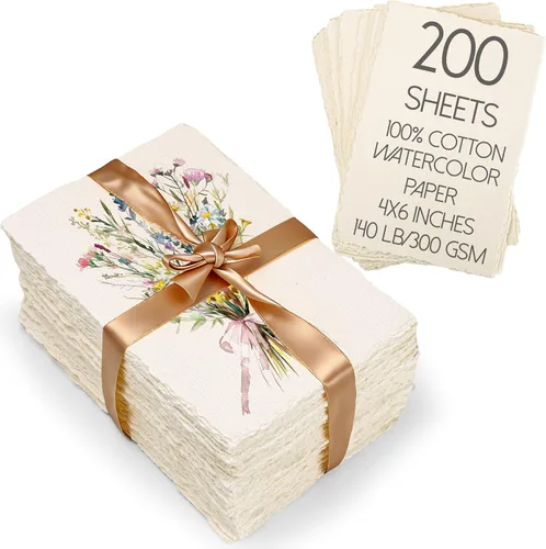 Oleitodh 200 hojas de papel de acuarela de algodón de 4 x 6 pulgadas, 140 lb/300 GSM, papel hecho a mano, cartulina de acuarela con borde deckled,