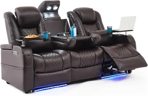Miniatura 8 de Airadlis Asientos de cine en casa, sillas de cine de doble potencia, sofá reclinable de teatro con iluminación ambiental de 7 colores, almohada