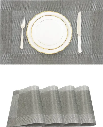 Miniatura 10 de Juego de 4 manteles individuales tejidos de vinilo/plástico, lavables y duraderos, antideslizantes, para decoración de mesa de cocina, comedor, Negro