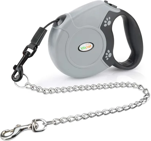 Miniatura 11 de Idepet Correa retráctil resistente para perros pequeños y medianos, cadena de acero antimasticación de 360 grados sin enredos, sistema de bloqueo