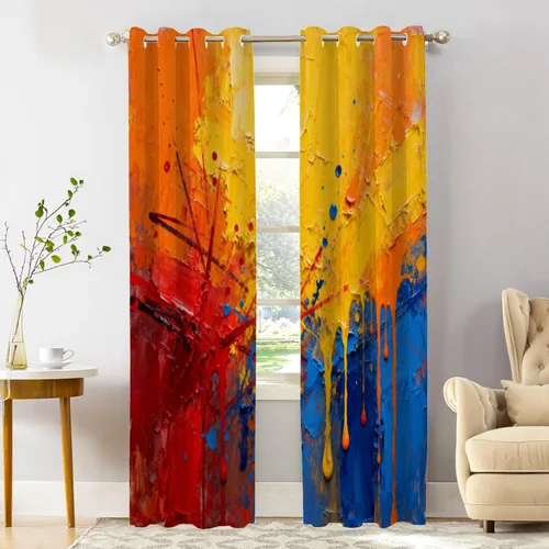 Miniatura 196 de Shrahala Beige and Orange Abstract Art Brushstrokes Blackout Curtain Tiers, Abstract Oil Paint Kitchen Valance Light Blocking Tier Drapes with Rod
