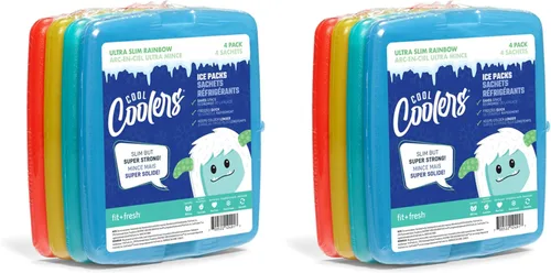 Cool Coolers by Fit + Fresh, 4 Pack Slim Ice Packs, Space Saving Reusable Ice Packs for Lunch Boxes or Coolers Multicolor (paquete de 8)