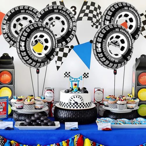 Miniatura 4 de 6 globos de rueda grandes, globos de aluminio de 30 pulgadas, globos de rueda de coche de carreras, decoraciones de fiesta de autos de carreras