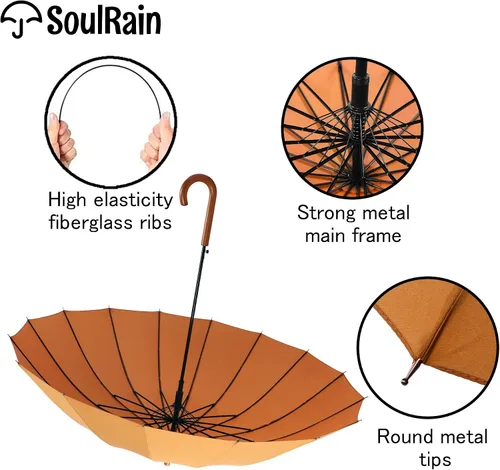 Miniatura 6 de SoulRain Paraguas de palo de 16 varillas de 48 pulgadas, apertura automática, color sólido, moderno y simple, mango de madera clásico de arco