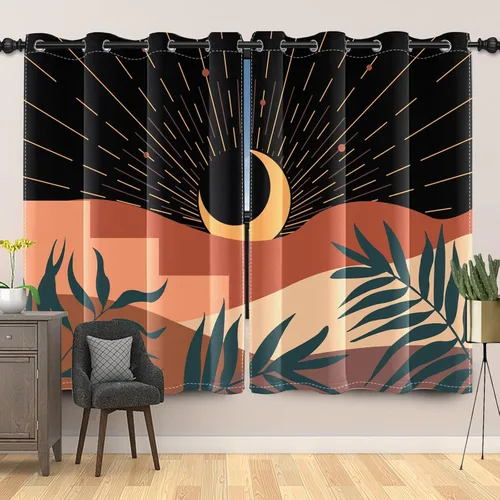 Miniatura 8 de Cortinas abstractas bohemias para ventana, estética de mediados de siglo, hojas de luna de montaña, para oscurecer la habitación, cortina con ojales