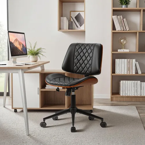 Miniatura 6 de JUMMICO Silla de escritorio de oficina sin brazos con ruedas, moderna silla de escritorio pequeña de cuero de nogal, altura ajustable, giro de 360°