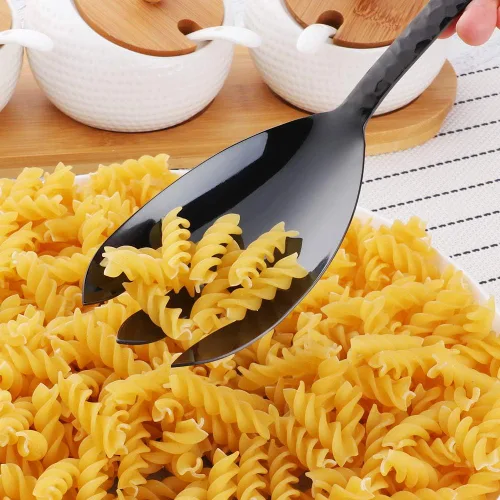 Miniatura 7 de Juego de cuchara y tenedor de ensalada, 12 pulgadas, acero inoxidable, utensilios de servir negros, aptos para lavavajillas, paquete de 2