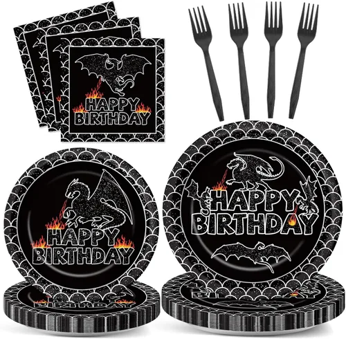 96 Piezas Decoraciones de Fiesta de Cumpleaños de Dragón Negro Vajilla de Mesa para Fiestas de Dragón Vajilla Desechable de Papel Platos de Postre y