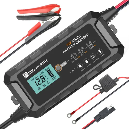 ECO-WORTHY Cargador de batería LiFePO4 10A de 12 V, cargador y mantenedor de batería de litio inteligente, cargador de goteo y desulfatador para