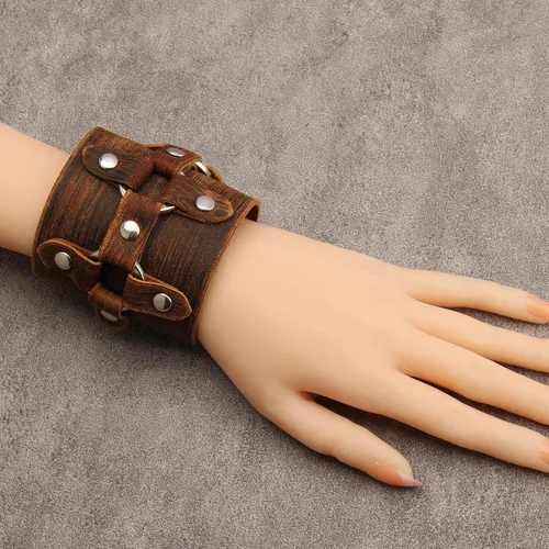 Miniatura 6 de Pulsera de cuero para hombre, brazaletes de cuero punk, pulsera de cuero negro para mujer
