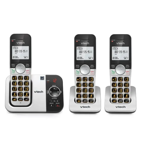 VTech Teléfono inalámbrico de 3 auriculares con contestador, con pantalla grande y grandes botones de identificación de llamadas, altavoz