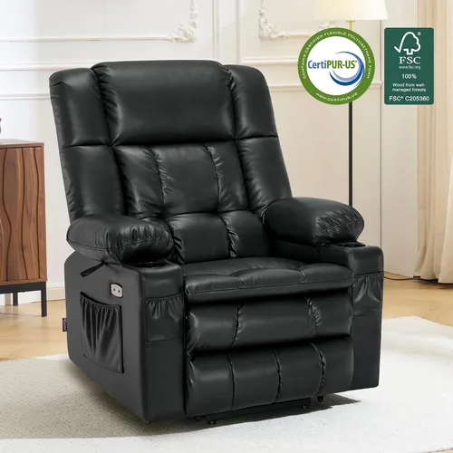 Miniatura 4 de MCombo Silla reclinable eléctrica de motor dual para adultos mayores, silla de elevación plana con calor y masaje, portavasos, puertos USB, piel