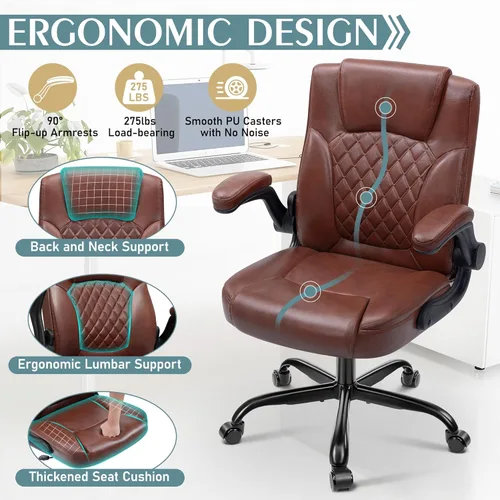 Miniatura 6 de Silla de cuero PU con soporte ergonómico lumbar, gira 360°, pequeña, ruedas, reposabrazos ajustables, para gente chaparra, para escritorio, Marrón