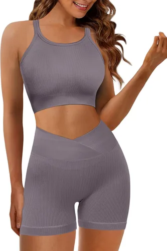 Miniatura 3 de JZC Conjuntos de entrenamiento para mujer, 2 piezas, acanalados, sin costuras, pantalones cortos de cintura alta, trajes de yoga